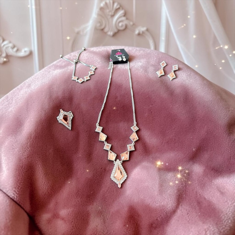 Paparazzi Peach Rhinestone Jewelry Set Necklace Bracelet Ring Earrings Silver